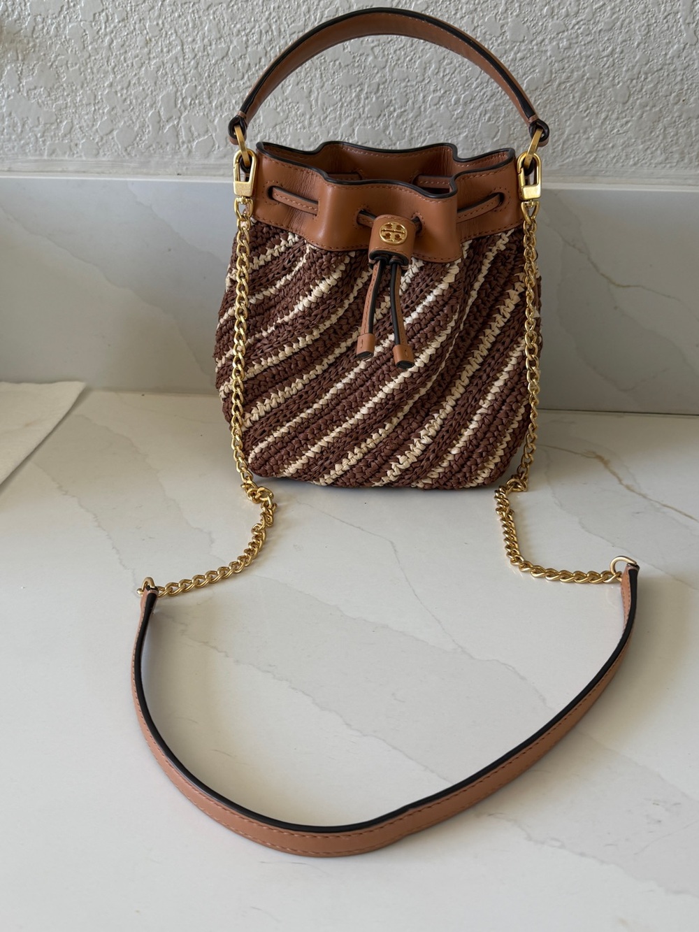 Tory Burch Brown and Cream Raffia Drawstring Mini Bucket Bag with Gold Chain